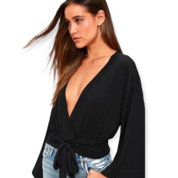 Free People Tops - Free People Black Bell Sleeve Tie-Waist Knit Top